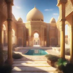 A skyview of an Arabic-themed landscape illustrated in a rich concept art style