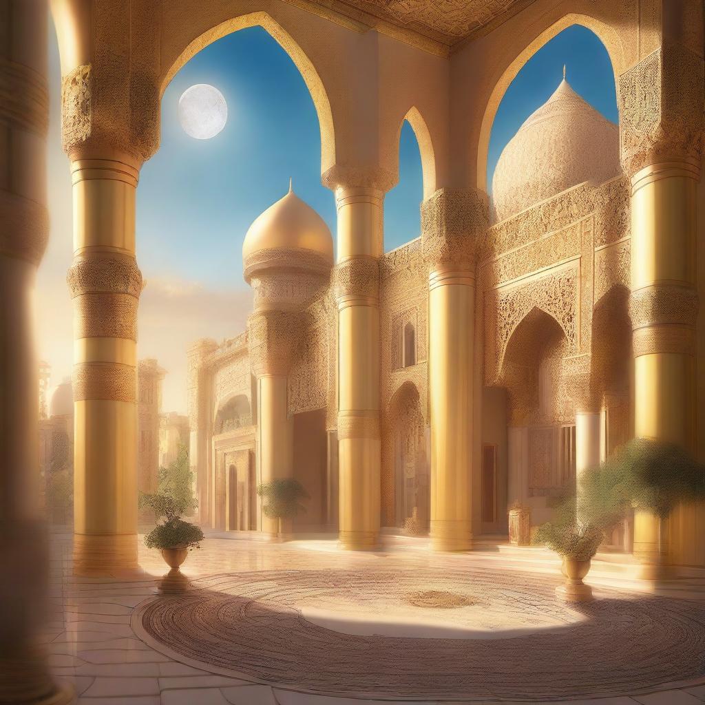 A skyview of an Arabic-themed landscape illustrated in a rich concept art style