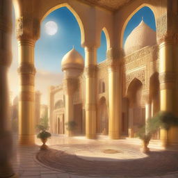 A skyview of an Arabic-themed landscape illustrated in a rich concept art style