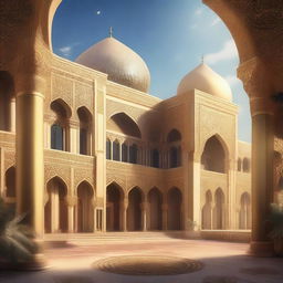 A skyview of an Arabic-themed landscape illustrated in a rich concept art style