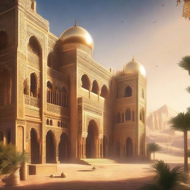 A skyview of an Arabic-themed landscape rendered in an extravagant concept art style