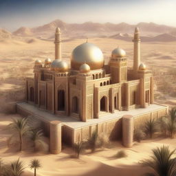 A skyview of an Arabic-themed landscape rendered in an extravagant concept art style