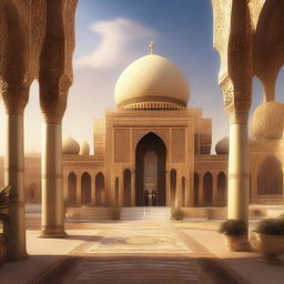 A skyview of an Arabic-themed landscape rendered in an extravagant concept art style