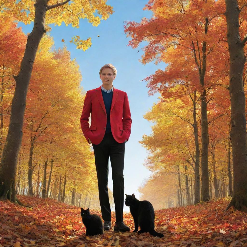 An autumnal forest with medium-sized trees covered in yellow and orange leaves. In this picturesque setting, a man in a red blazer and black pants stands beside a black cat. Above them, a golden sun lights up a clear blue sky full of white clouds and flying birds.