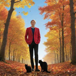 An autumnal forest with medium-sized trees covered in yellow and orange leaves. In this picturesque setting, a man in a red blazer and black pants stands beside a black cat. Above them, a golden sun lights up a clear blue sky full of white clouds and flying birds.