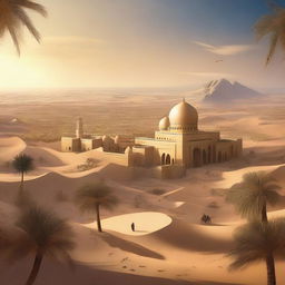 A skyview of an Arabic-themed landscape illustrated in an extravagant concept art style