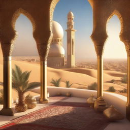 A skyview of an Arabic-themed landscape illustrated in an extravagant concept art style