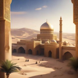 A skyview of an Arabic-themed landscape illustrated in an extravagant concept art style