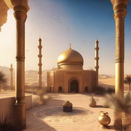 A skyview of an Arabic-themed landscape illustrated in an extravagant concept art style