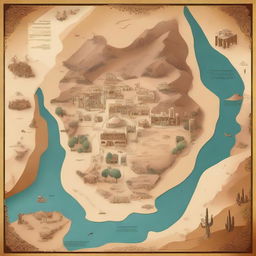 A detailed map of an Arabic-themed landscape illustrated in concept art style