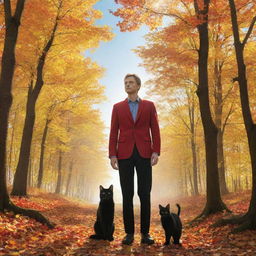 An autumnal forest with medium-sized trees covered in yellow and orange leaves. In this picturesque setting, a man in a red blazer and black pants stands beside a black cat. Above them, a golden sun lights up a clear blue sky full of white clouds and flying birds.