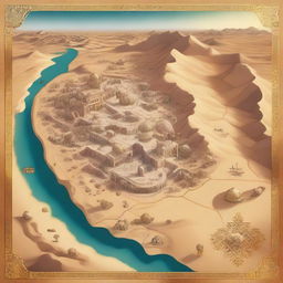 A detailed map of an Arabic-themed landscape illustrated in concept art style