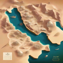 A detailed map of an Arabic-themed landscape illustrated in concept art style