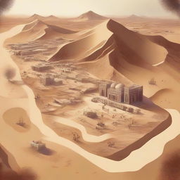 A detailed map of an Arabic-themed landscape illustrated in concept art style