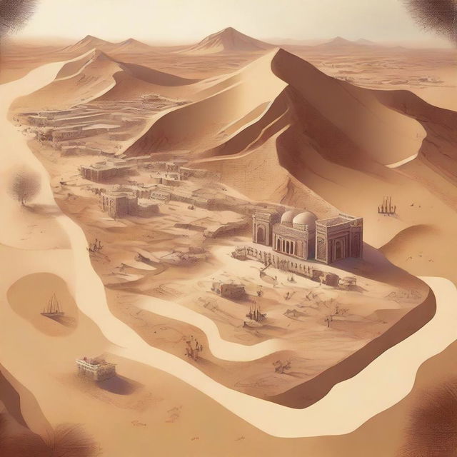 A detailed map of an Arabic-themed landscape illustrated in concept art style