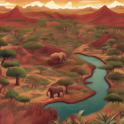 A detailed map of an African-themed landscape illustrated in concept art style