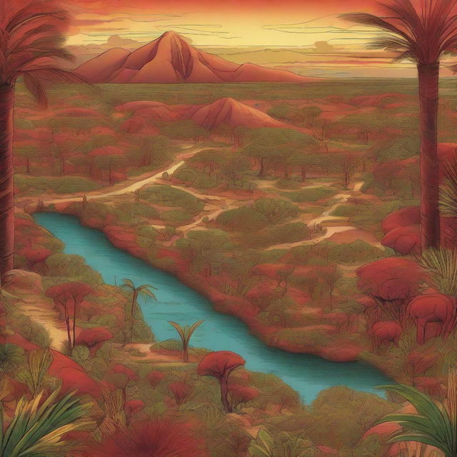 A detailed map of an African-themed landscape illustrated in concept art style