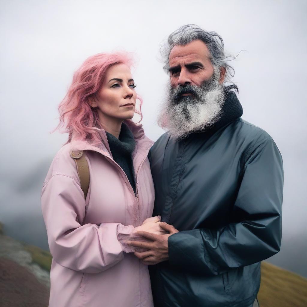 A woman with wavy pink hair stands with her hands clasped in front of her body