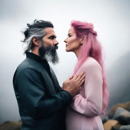 A woman with wavy pink hair stands with her hands clasped in front of her body