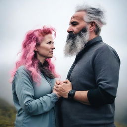 A woman with wavy pink hair stands with her hands clasped in front of her body