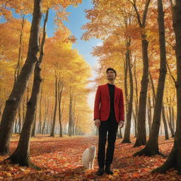 An autumnal forest with medium-sized trees covered in yellow and orange leaves. In this picturesque setting, a man in a red blazer and black pants stands beside a black cat. Above them, a golden sun lights up a clear blue sky full of white clouds and flying birds.