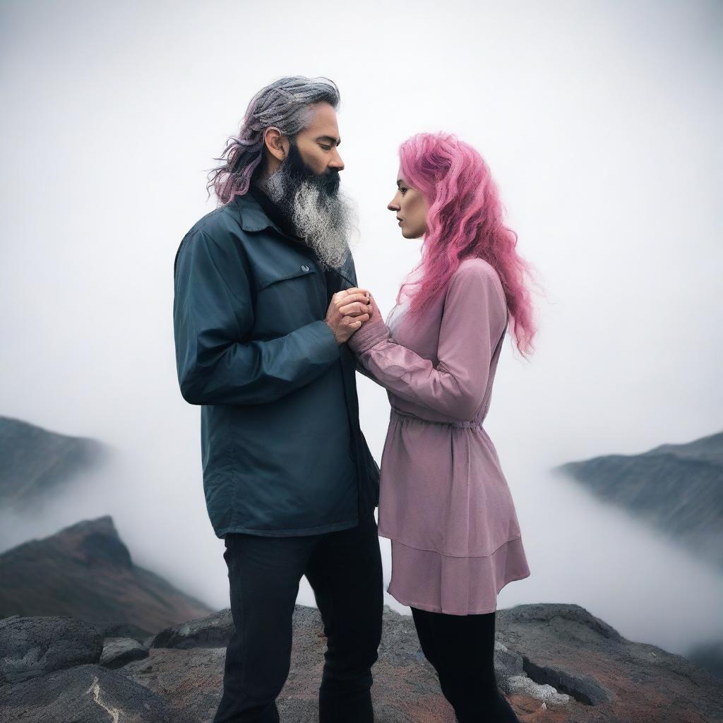 A woman with wavy pink hair stands with her hands clasped in front of her body