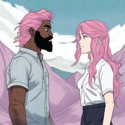 A young adult woman with wavy, waist-length pink hair stands facing a man with a black beard and medium-length hair with some white strands