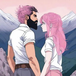 A young adult woman with wavy, waist-length pink hair stands facing a man with a black beard and medium-length hair with some white strands