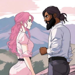 A young adult woman with wavy, waist-length pink hair stands facing a man with a black beard and medium-length hair with some white strands