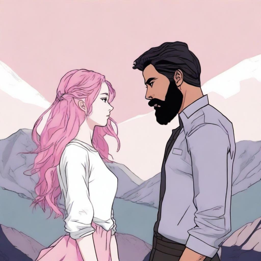 A young adult woman with wavy, waist-length pink hair stands facing a man with a black beard and medium-length hair with some white strands