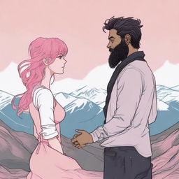 A young adult woman with wavy, waist-length pink hair stands facing a man with a black beard and medium-length hair with some white strands