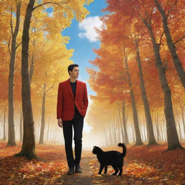 An autumnal forest with medium-sized trees covered in yellow and orange leaves. In this picturesque setting, a man in a red blazer and black pants stands beside a black cat. Above them, a golden sun lights up a clear blue sky full of white clouds and flying birds.