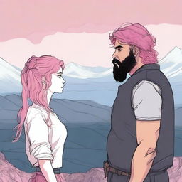 A young adult woman with wavy, waist-length pink hair stands facing a man with a black beard and medium-length hair with some white strands