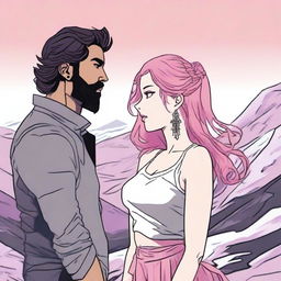 A young adult woman with wavy, waist-length pink hair stands facing a man with a black beard and medium-length hair with some white strands