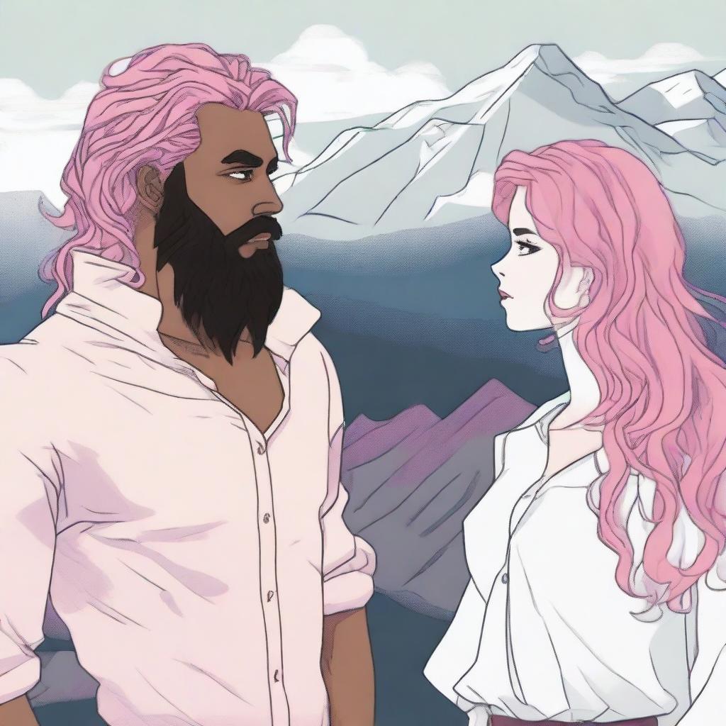 A young adult woman with wavy, waist-length pink hair stands facing a man with a black beard and medium-length hair with some white strands