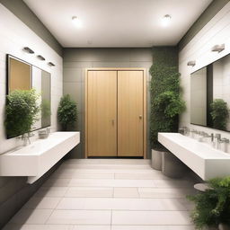 A beautifully designed public restroom with modern fixtures, clean tiles, and ample lighting