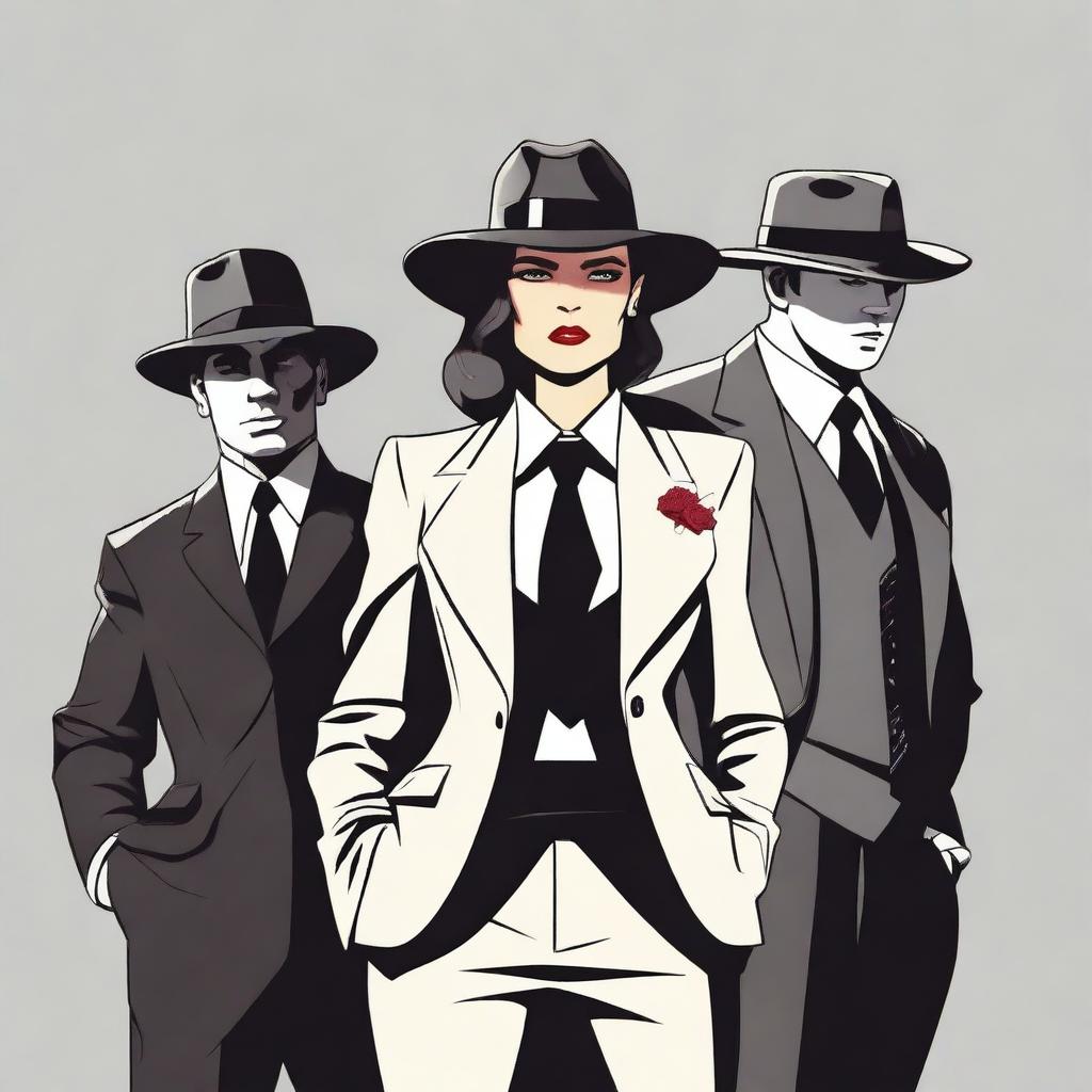 A powerful woman standing confidently between two mafia men