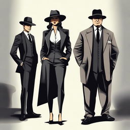 A powerful woman standing confidently between two mafia men