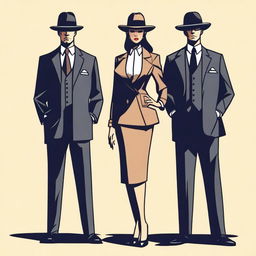 A powerful woman standing confidently between two mafia men