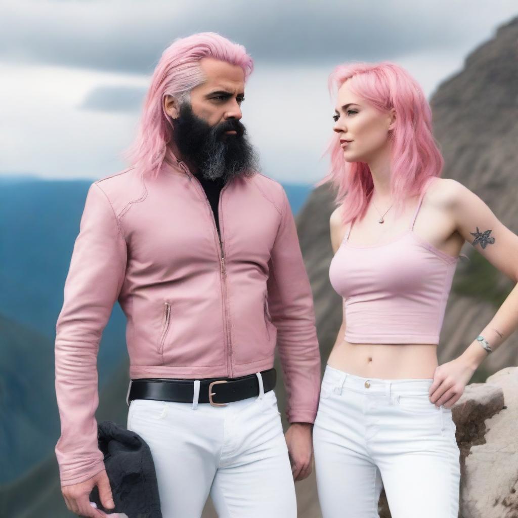 A young adult woman with wavy, waist-length pink hair is wearing a pink blouse and white pants