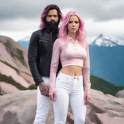 A young adult woman with wavy, waist-length pink hair is wearing a pink blouse and white pants