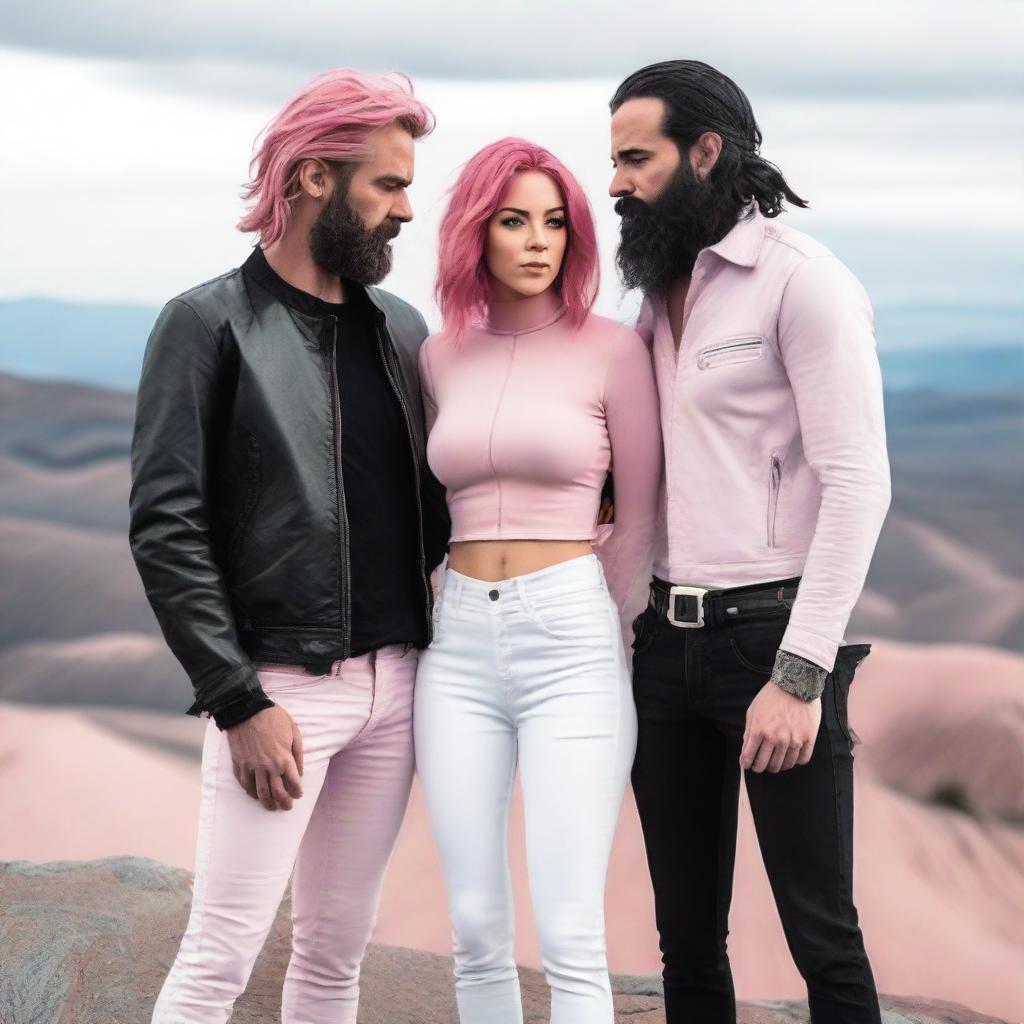 A young adult woman with wavy, waist-length pink hair is wearing a pink blouse and white pants