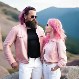 A young adult woman with wavy, waist-length pink hair is wearing a pink blouse and white pants