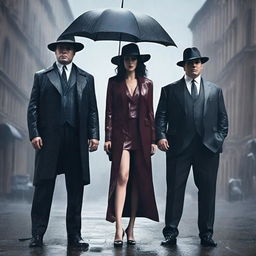 A hyper-realistic scene of a powerful woman standing confidently between two handsome mafia men under the rain