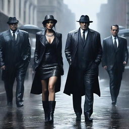 A hyper-realistic scene of a powerful woman standing confidently between two handsome mafia men under the rain