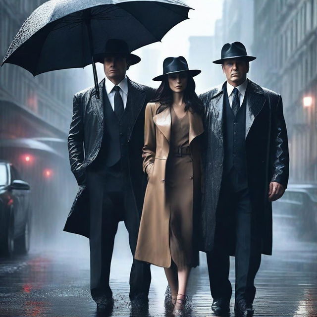 A hyper-realistic scene of a powerful woman standing confidently between two handsome mafia men under the rain