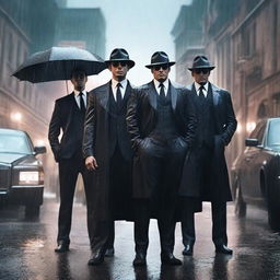 A hyper-realistic scene featuring a powerful woman standing confidently between two handsome mafia men under the rain