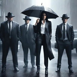 A hyper-realistic scene featuring a powerful woman standing confidently between two handsome mafia men under the rain