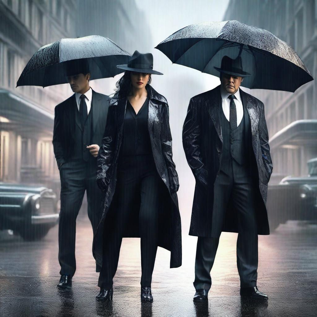 A hyper-realistic scene featuring a powerful woman standing confidently between two handsome mafia men under the rain