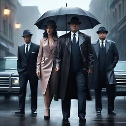 A hyper-realistic scene featuring a powerful woman standing confidently between two handsome mafia men under the rain